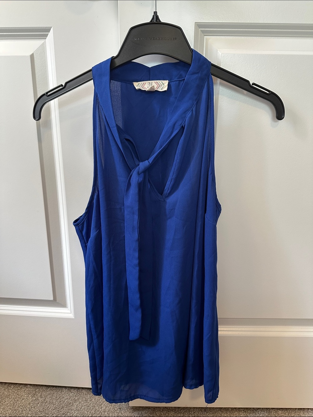 Pink Rose Royal Blue Tie-Neck Sleeveless Blouse